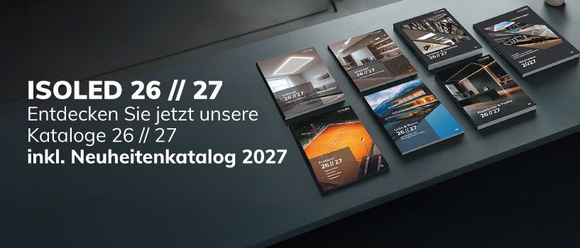 Flexible LED-Lichtbänder sind in geschwungenen Holzfräsungen eingebettet und leuchten warmweiß. Rechts unten sind weiße und graue LED-Profile abgebildet. Text: „LICHTLÖSUNGEN, SO FLEXIBEL WIE IHRE IDEEN – JETZT ENTDECKEN AUF DEM ISOLED® YOUTUBE-KANAL!“