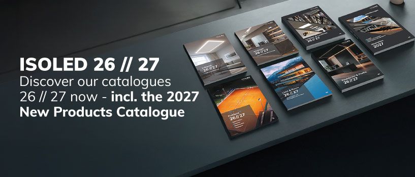 Flexible LED strips are embedded in curved wooden cutouts and emit warm white light. At the bottom right, white and grey LED profiles are shown. Text: &ldquo;LIGHTING SOLUTIONS AS FLEXIBLE AS YOUR IDEAS &ndash; NOW ON THE ISOLED&reg; YOUTUBE CHANNEL!&rdquo;
