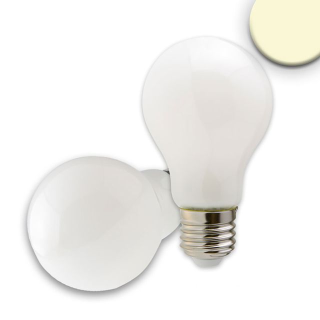 LED a bulbo E27, 8W, colore lattiginoso, luce bianca calda, dimm.