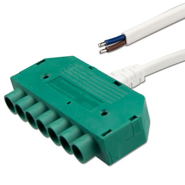 Distributore Mini-Plug a 6 vie femmina, 1m, 2x0,75, IP54, bianco-verde, max. 48V/6A
