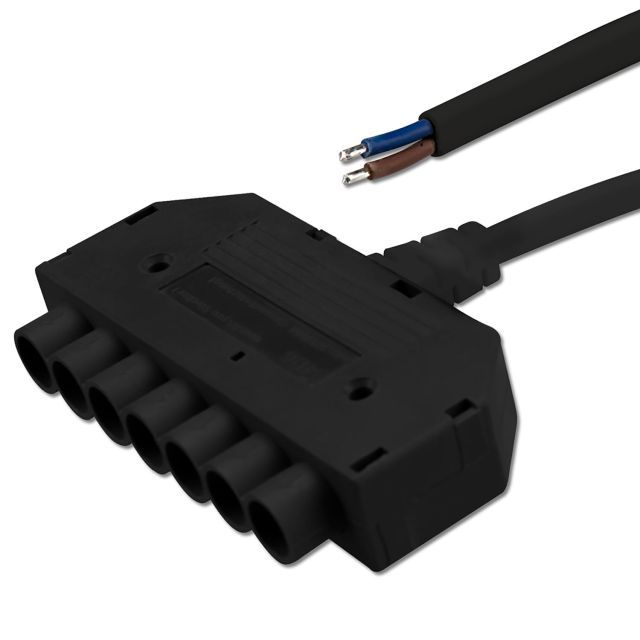 Mini-Plug 6-fold distributor female, 1m, 2x0,75, IP54, black, max. 48V/6A