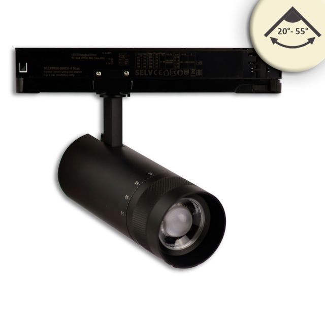 3-PH Tracklight focusable, 24W, 20°-55°, black matt, 3000K, DALI dimmable