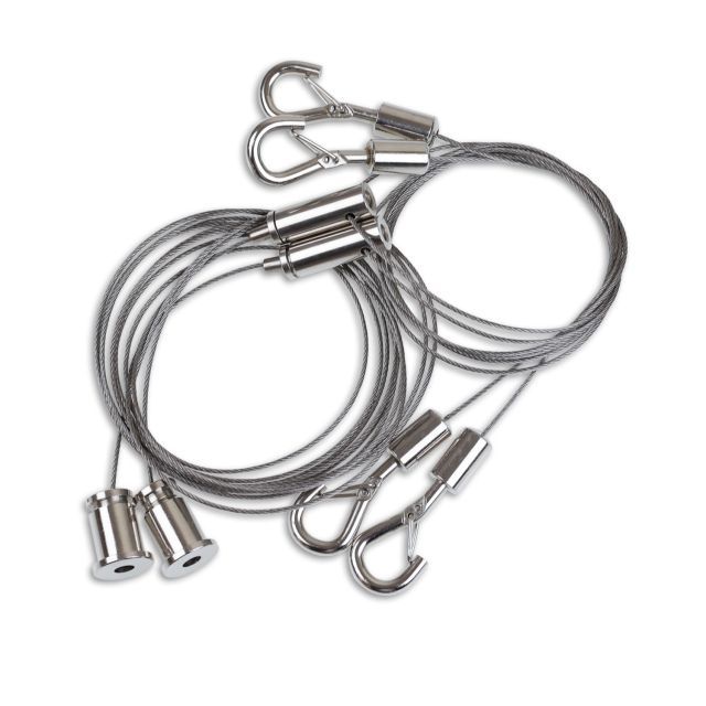 Sospensione a corda-Y (2pz) moschettone, occhielli a cerniera, morsetto scorrevole, cavo acciaio 1,5m
