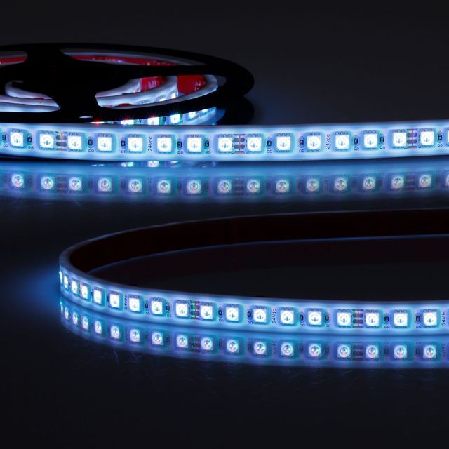 Ruban linéaire LED AQUA RVB, 24V DC, 14,4W, IP68, rouleau de 5 m, 120 LED/m