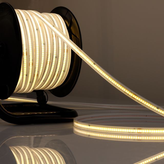LED Flexband 230V COB, 12W/m, 15m Rolle auf Kabeltrommel, 3000K, CRI80, IP67, male/female Anschluss