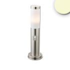 Borne lumineuse 450 acier inox., IP44, détecteur de mouv. PIR, blanc chaud, ampoule LED E27 9W incl.