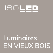 Un fond gris avec un texte blanc : &laquo; ISOLED luminaires   en  vieux   bois &raquo;.
