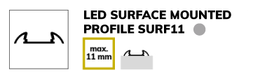 LED SURFACE-MOUNT PROFILE SURF11, showing a cross-sectional diagram of a profile designed to hold LED strips with a maximum width of 11 mm; a schematic illustration.