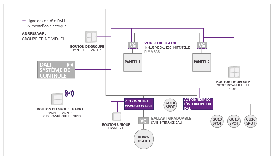 Le diagramme montre un syst&egrave;me de contr&ocirc;le d&rsquo;&eacute;clairage DALI avec deux panneaux de commande et divers actionneurs tels que &laquo; actionneur de variation DALI &raquo; et &laquo; actionneur de commutation DALI &raquo;, connect&eacute;s &agrave; des spots GU10 et un downlight.