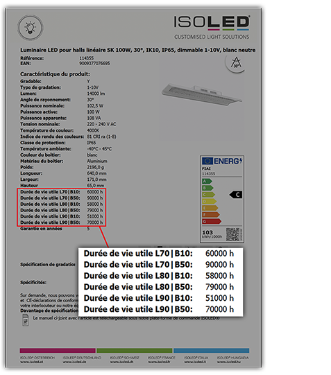 L&rsquo;image montre une fiche technique pour une lampe LED ISOLED. Les sp&eacute;cifications telles que la puissance, la tension et la dur&eacute;e de vie y sont indiqu&eacute;es. Elle comprend &eacute;galement une &eacute;tiquette d&rsquo;efficacit&eacute; &eacute;nerg&eacute;tique et des informations sur la garantie.