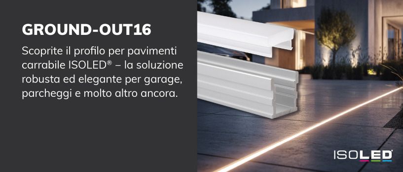 Strisce LED flessibili sono integrate in fresature curve nel legno ed emettono luce bianca calda. In basso a destra sono visibili profili LED bianchi e grigi. Testo: &ldquo;SOLUZIONI LUMINOSE FLESSIBILI COME LE TUE IDEE &ndash; ORA SUL CANALE YOUTUBE DI ISOLED&reg;!&rdquo;