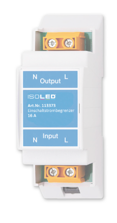 A white electrical box with blue labels &ldquo;Output&rdquo; and &ldquo;Input,&rdquo; showing the text: &ldquo;ISOLED Item No. 113373 Inrush Current Limiter 16 A,&rdquo; surrounded by screw terminals and electrical connections.