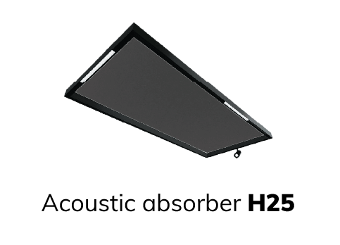A rectangular black acoustic panel floats against a black background, surrounded by a thin frame and featuring a small bracket on one corner.