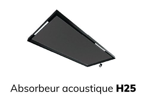 Un panneau acoustique noir rectangulaire flotte devant un fond noir, entour&eacute; d&rsquo;un cadre fin et muni d&rsquo;un petit support &agrave; un coin.