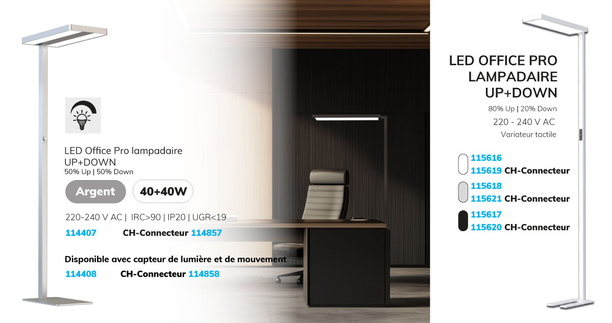 Une sélection de lampes de table et sur pied présente différents modèles. Les lampes ont un design argenté ou noir et offrent des fonctions comme le variateur tactile et le choix des couleurs. Le texte décrit les détails techniques et les spécifications.
