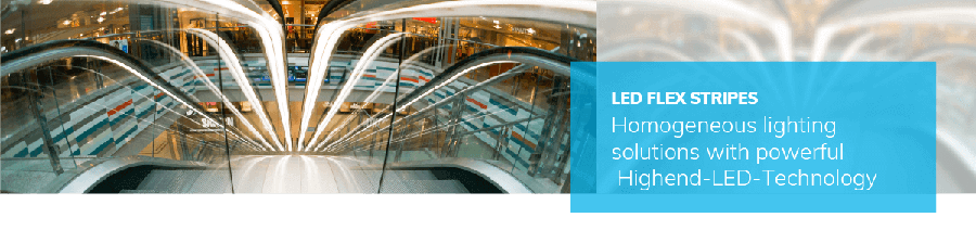 A brightly lit escalator surrounded by LED strips descends into a modern shopping mall. Blue text: &ldquo;LED STRIPS &ndash; Uniform lighting solutions with powerful premium LED technology.&rdquo;