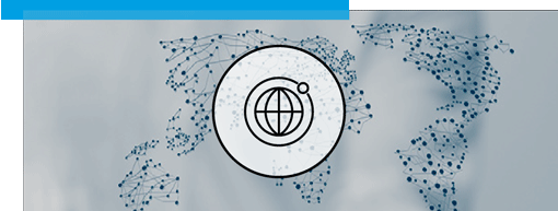 Un symbole de globe est placé au centre devant un fond de carte du monde stylisé avec des points connectés. Une bande bleue horizontale se trouve en haut.